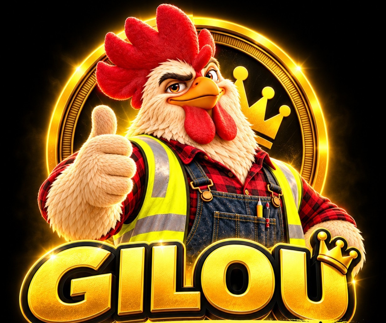 Gilou, coq en gilet jaune avec son logo et le slogan Le coq du peuple, version crypto